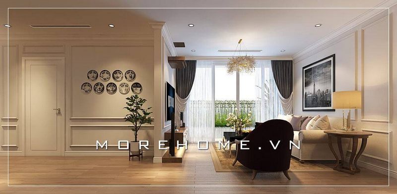 Không gian phòng khách ấn tượng với thiết kế tân cổ điển, sử dụng nền màu trắng chủ đạo tạo nên vẻ đẹp sang trọng và thoáng mát cho ngôi nhà
